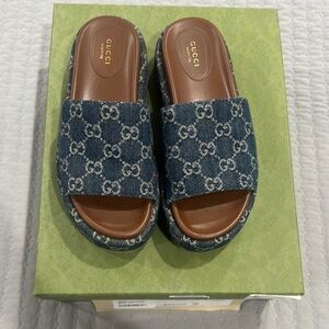 Gucci Blue Monogram Slides